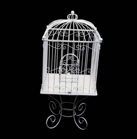 WHITE WIRE BIRD CAGE WITH STAND