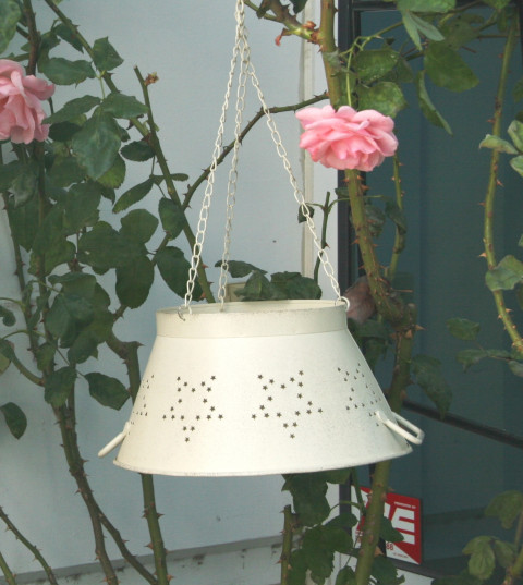 SMALL WHITE WASHED COLANDER LAMP SHADE WITH STARS