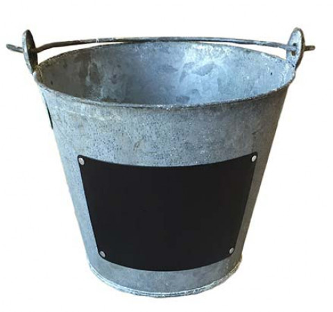 LARGE GRAY ZINC PAIL WITH CHALKBOARD SLATE