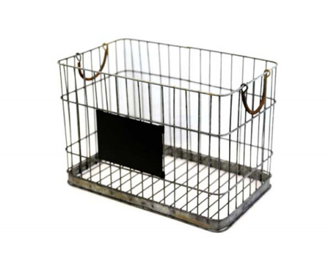LARGE RUSTY ZINC WIRE BASKET WITH CHALKBOARD SLATE