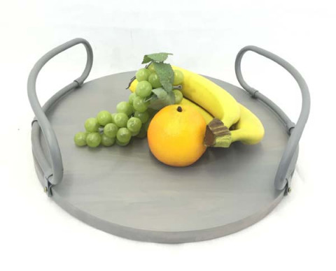 LARGE ROUND WOODEN SERVING TRAY WITH FLAT GRAY HANDLES 15"X4.75"