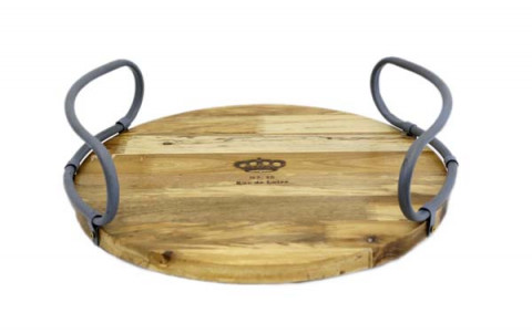 NATURAL LARGE ROUND WOODEN SERVING TRAY WITH FLAT GRAY HANDLES 15"X4.75"