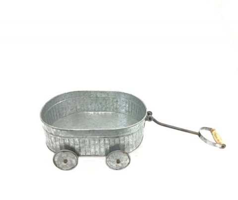 SMALL WEATHERED LOOK WAGON PLANTER WITH WHEELS 14"X11"X5.5"