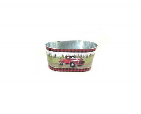 SMALL RED TRUCK  WITH RED AND BLACK TRIM OVAL CONTAINER