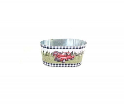 SMALL RED TRUCK WITH DOG WITH WHITE AND BLACK TRIM OVAL CONTAINER