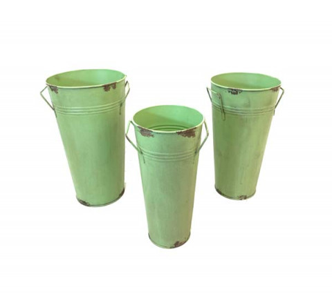 DISTRESSED SAGE FRENCH BUCKET WITH THIN WIRE HANDLES S/3