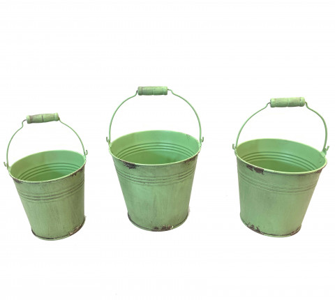 DISTRESSED SAGE PAIL WITH WOOD HANDLE S/3