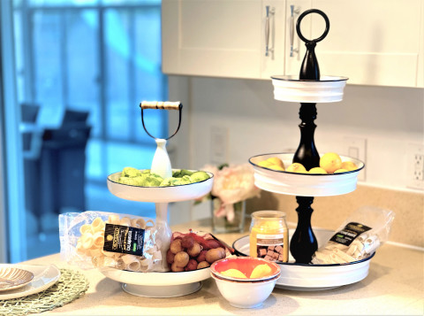 WHITE ENAMEL 3-TIERED SERVING TRAY W/ BLUE TRIM