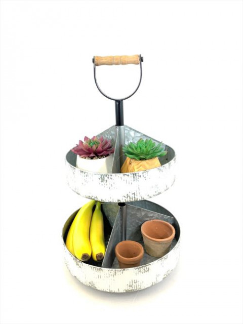 WHITE WAS TWO-TIERED SERVING TRAY W/WOOD HANDLE