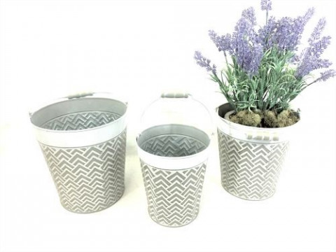 ROUND WHITE WASH PAIL GEOMETRIC DESIG W/WOOD HANDLES S/3