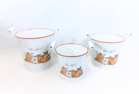WHITE/ORANGE  PAILS W/PUMPKIN PRINT W/WOOD HANDLES S/3