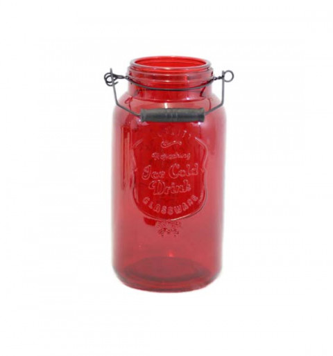 RED GLASS BEVERAGE JAR WITH METAL HANDLE 5.5"X11.4"