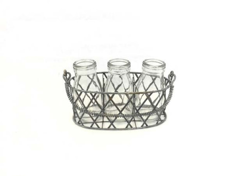 GRAY METAL THREE GLASS JAR CADDY WITH JARS