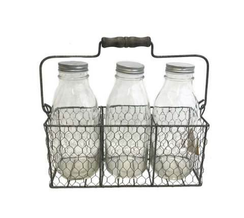GRAY ZINC WIRE CADDY WITH THREE GLASS JARS WITH LID