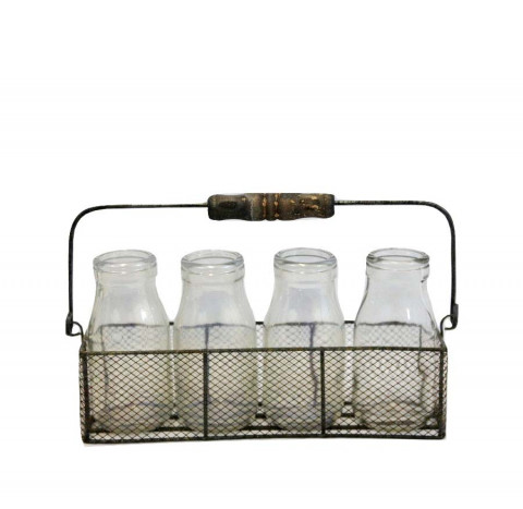 GRAY ZINC CHICKEN WIRE 4 GLASS JAR HOLDER WITH WOODEN HANDLE