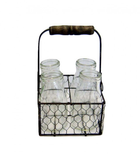 GRAY ZINC CHICKEN WIRE FOUR GLASS JAR HOLDER