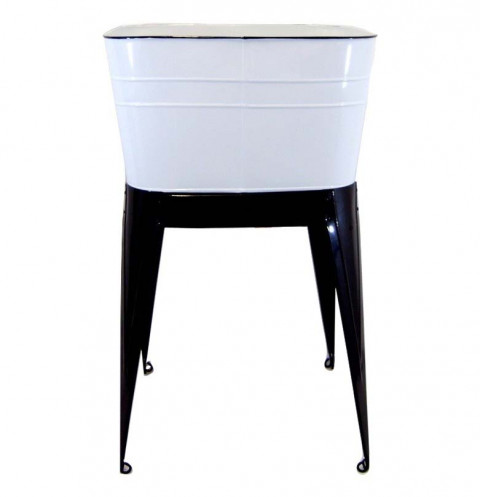 WHITE ENAMEL WASH TUB W/BLK STAND