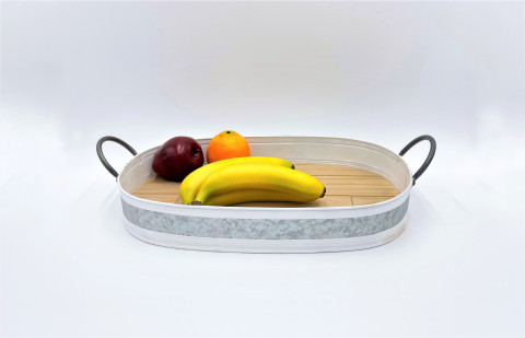 WHITE WASHED METAL AND WOOD TRAY W/HANDLES 20"LX11"WX3"H