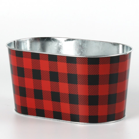 BUFFALO RED METAL PLAID  OVAL POT 8.86X5.31XH4.33"