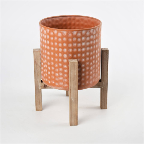 TIN TERRACOTA WASH POT WITH WOOD STAND 8.66"X8.66"X10.63"H