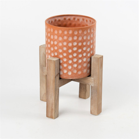TIN TERRACOTA WASH POT WITH WOOD STAND  6.7"X6.7"X8.66'H