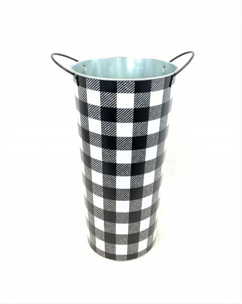 LG BLACK & WHITE PLAID BUCKET 21" HX  9" DIAMETER 7" BOTTOM