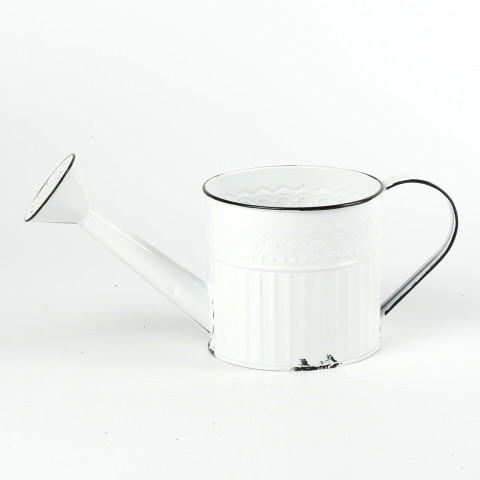 WHITE EMBOSSED ENAMEL WATERING CAN FLOWER PLANTER
