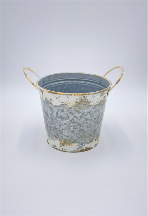 WHITEWASH ZINC ROUND BUCKET W/ HANDLES 9.25XD6.89XH6.3/7.48"