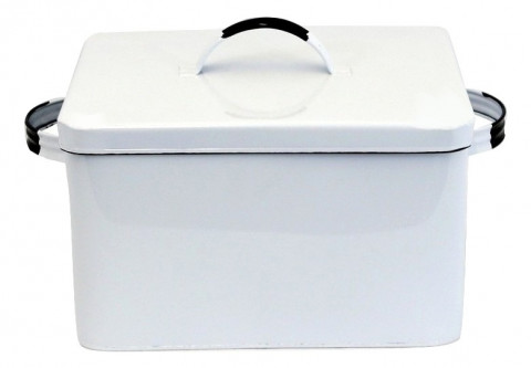 WHITE ENAMEL RECTANGULAR TIN BOX WITH LID 10x8x6