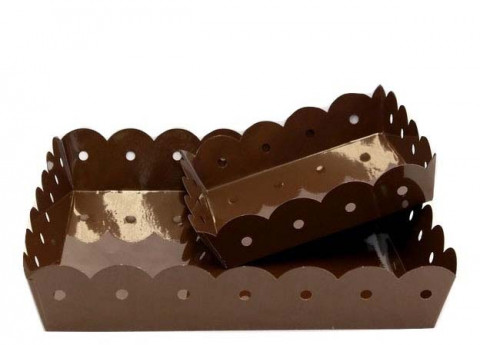 BROWN ENAMEL SCALLOPED SQUARE TRAY S/2 L:2 1/2"X14" SM 2"X9"