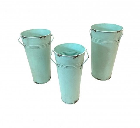 DISTRESSED AQUA FRENCH BUCKET WITH THIN WIRE HANDLES S/3