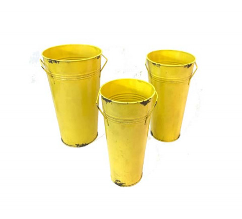 DISTRESSED LEMON YELLOW FRENCH BUCKET WITH THIN WIRE HANDLES S/3