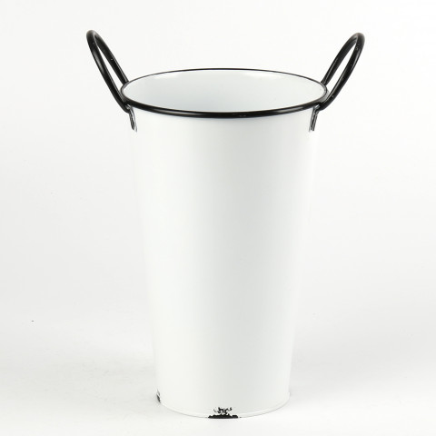 WHITE ENAMEL TIN BUCKET W/ BLACK TRIM AND HANDLES 8.46XH11.81